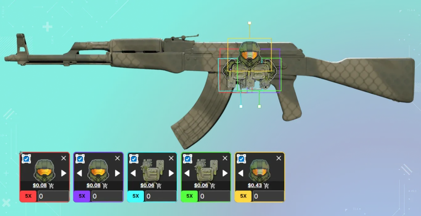 A tan mesh rifle featuring a Master Chief craft. Scraped Chief helmets and Ancient Beast stickers are arranged sideways to recreate the iconic Halo armor and helmet.