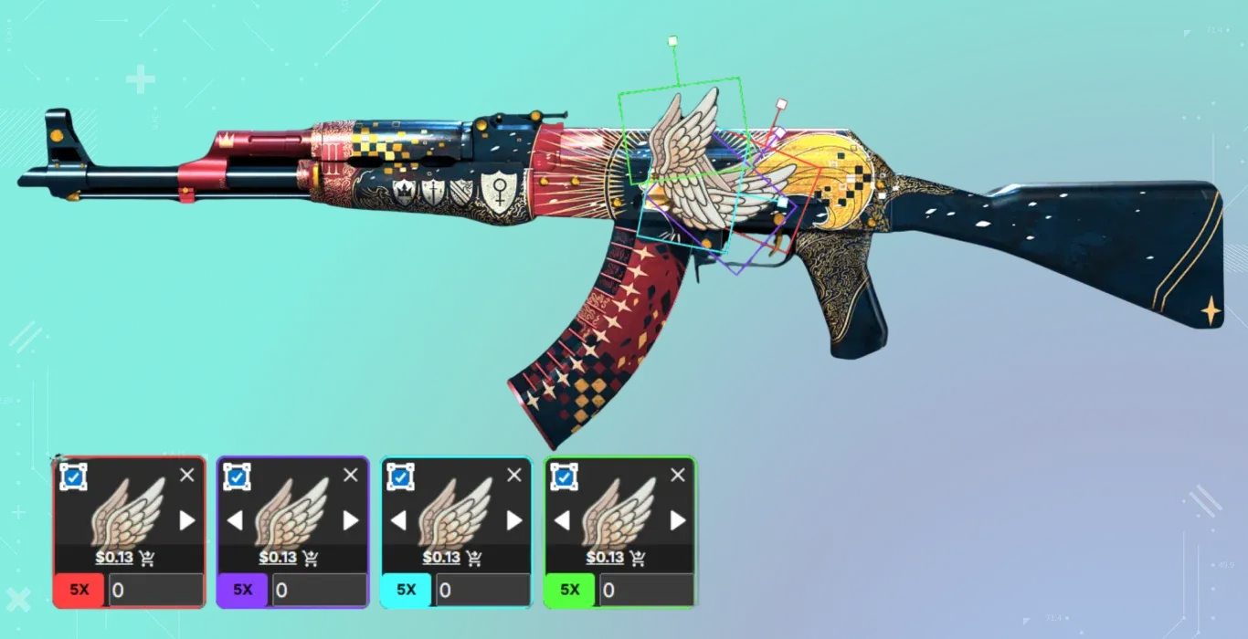 A gold and blue rifle where Fly High stickers are added to the central character, transforming the Empress into a Norse Valkyrie warrior.