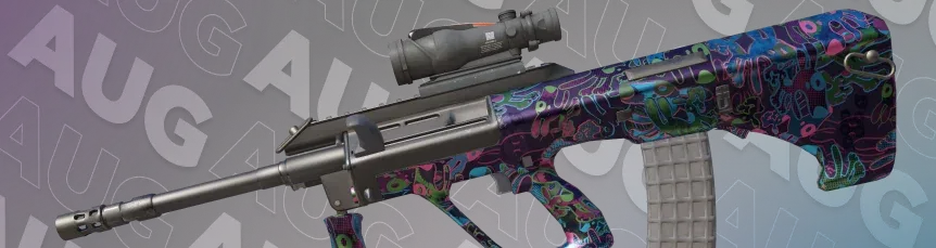 AUG | Death by Puppy on a blue-purple background