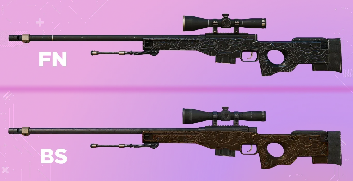 Comparison of the AWP | Black Nile patina; the matte black FN finish is replaced by a warm, glowing bronze-gold metallic look in BS condition.