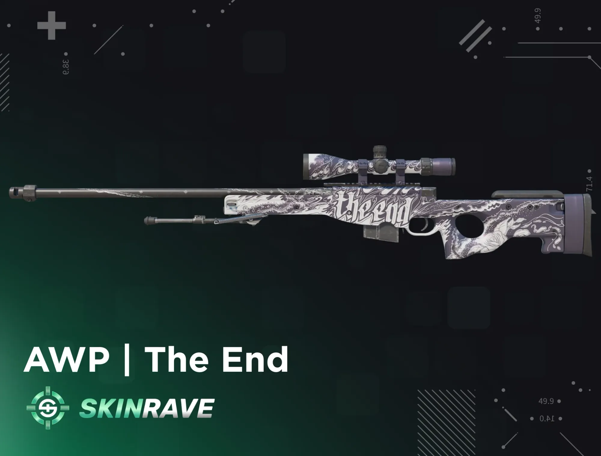 AWP | The End CS2 skin featuring a monochromatic black and white design with intricate swirling ink artwork and gothic-style "the end" lettering across the rifle's body