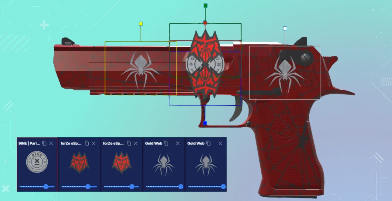 A red webbed pistol. It uses a 9INE sticker for the eyes and forZe stickers to form a mask, finished with a scraped Gold Web sticker to serve as the Spider-Man chest logo.