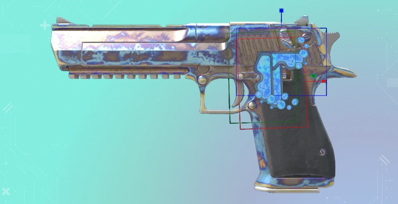 A blue-tinted metallic pistol featuring a "Fake Titan Holo" craft. Three Froggles (Holo) stickers have been scraped down to just the goggles and rotated to mimic the look of the ultra-expensive Katowice 2014 sticker.
