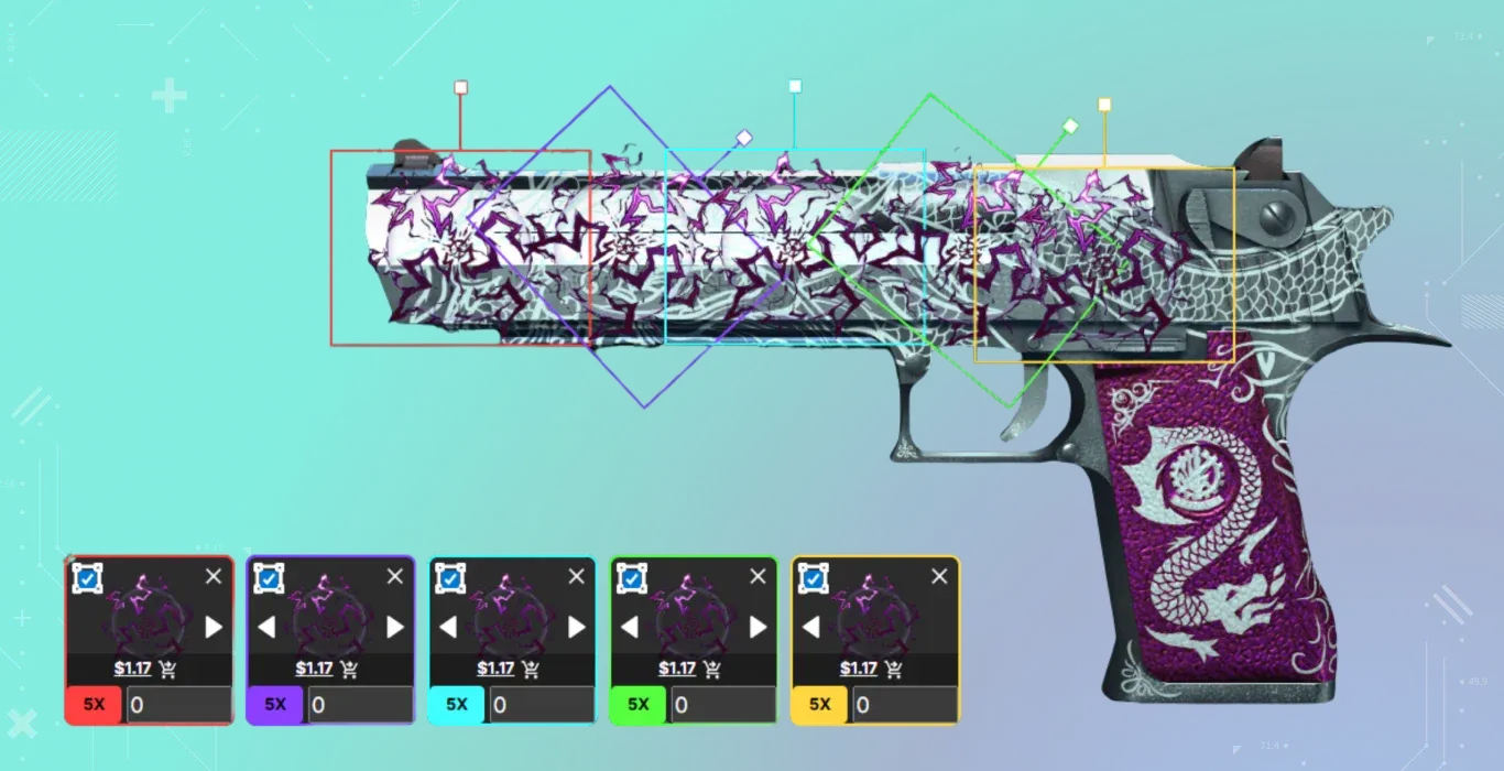 A silver pistol with a purple grip. Five Bolt Energy (Foil) stickers are lined up on the slide, their purple hue perfectly matching the weapon's handle for a seamless color synergy.
