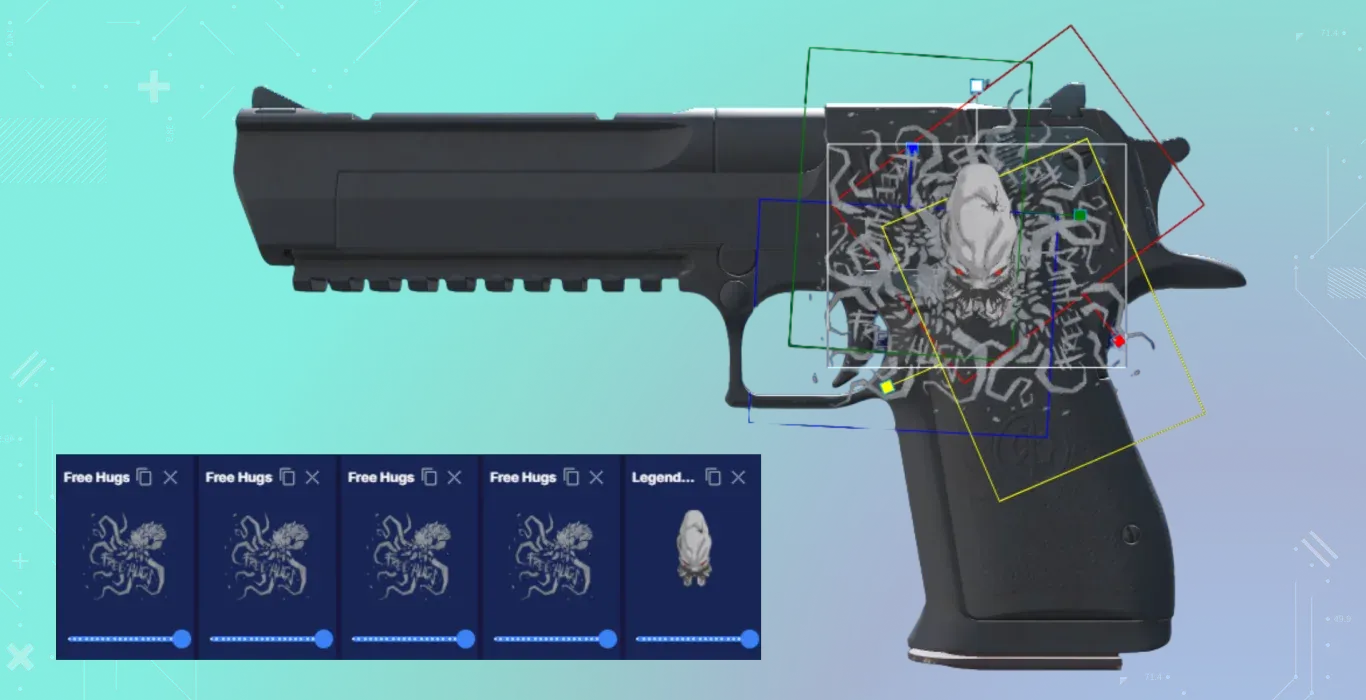 A solid dark navy pistol. A scraped Legendary sticker forms a predator-like head, while multiple scraped Free Hugs stickers are positioned to look like sprawling kraken tentacles.