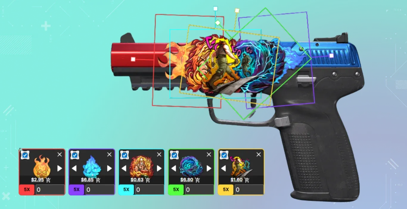 A red and blue pistol featuring an epic battle scene. It uses the Approaching Site sticker (a JoJo’s Bizarre Adventure reference) flanked by fire and tornado stickers to create a dramatic face-off atmosphere.