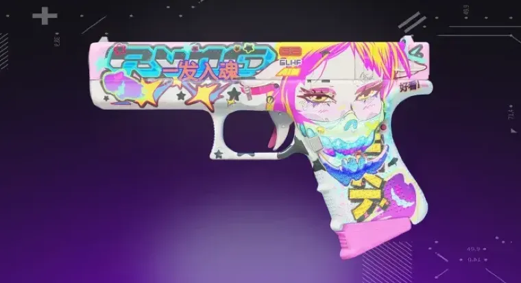 CS2 skin Glock-18 Fully Tuned displayed on a purple background, showcasing the weapon’s detailed design and vibrant finish