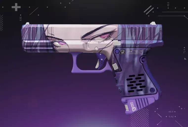 CS2 Glock-18 skin displayed on a purple background, showcasing the weapon’s detailed design and vibrant finish