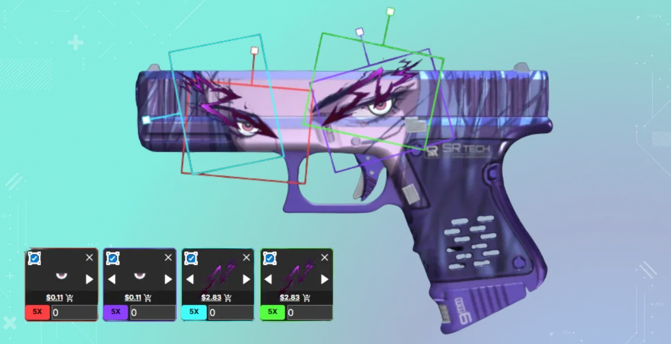 A purple anime-themed pistol. Bolt Charge stickers are placed to accentuate the character's eyebrows, while Glare stickers are used to make the eyes look more intense and reactive.