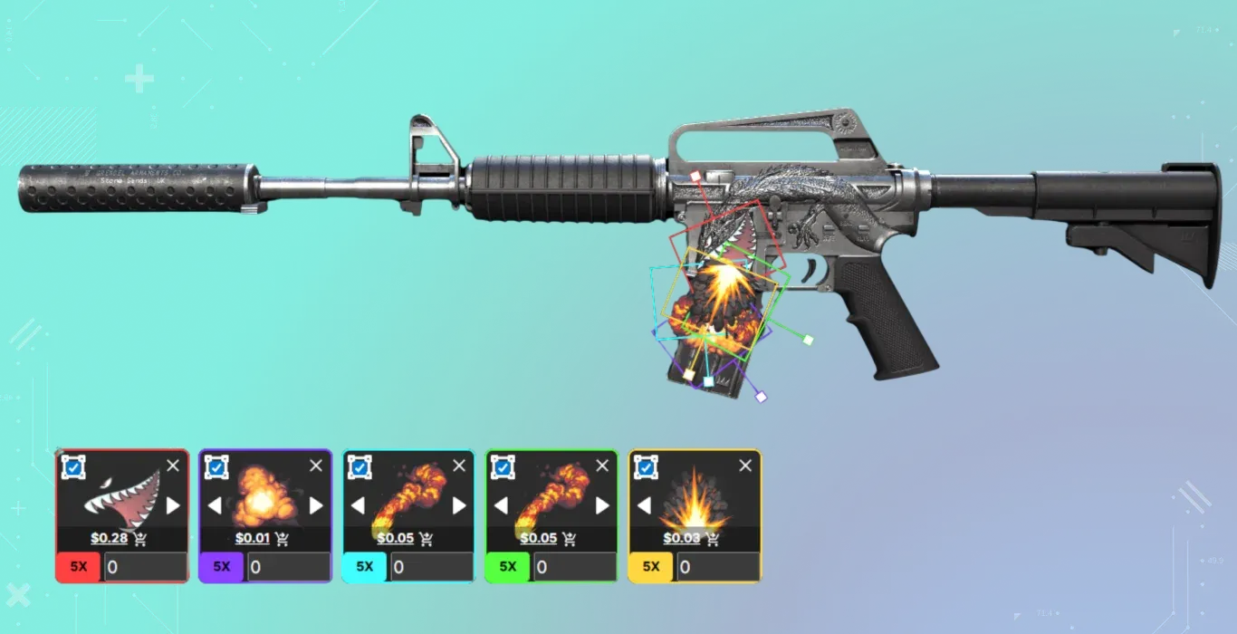 A grey etched rifle where a Chompers (shark mouth) sticker is placed over the receiver, with various Boom stickers trailing behind to simulate the creature breathing destructive fire.