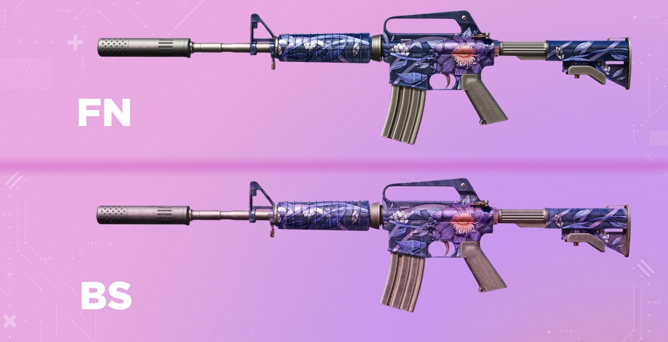 Comparison of the M4A1-S | Black Lotus color; the dark navy FN base shifts to a vibrant, visible purple in BS while the artwork remains intact.