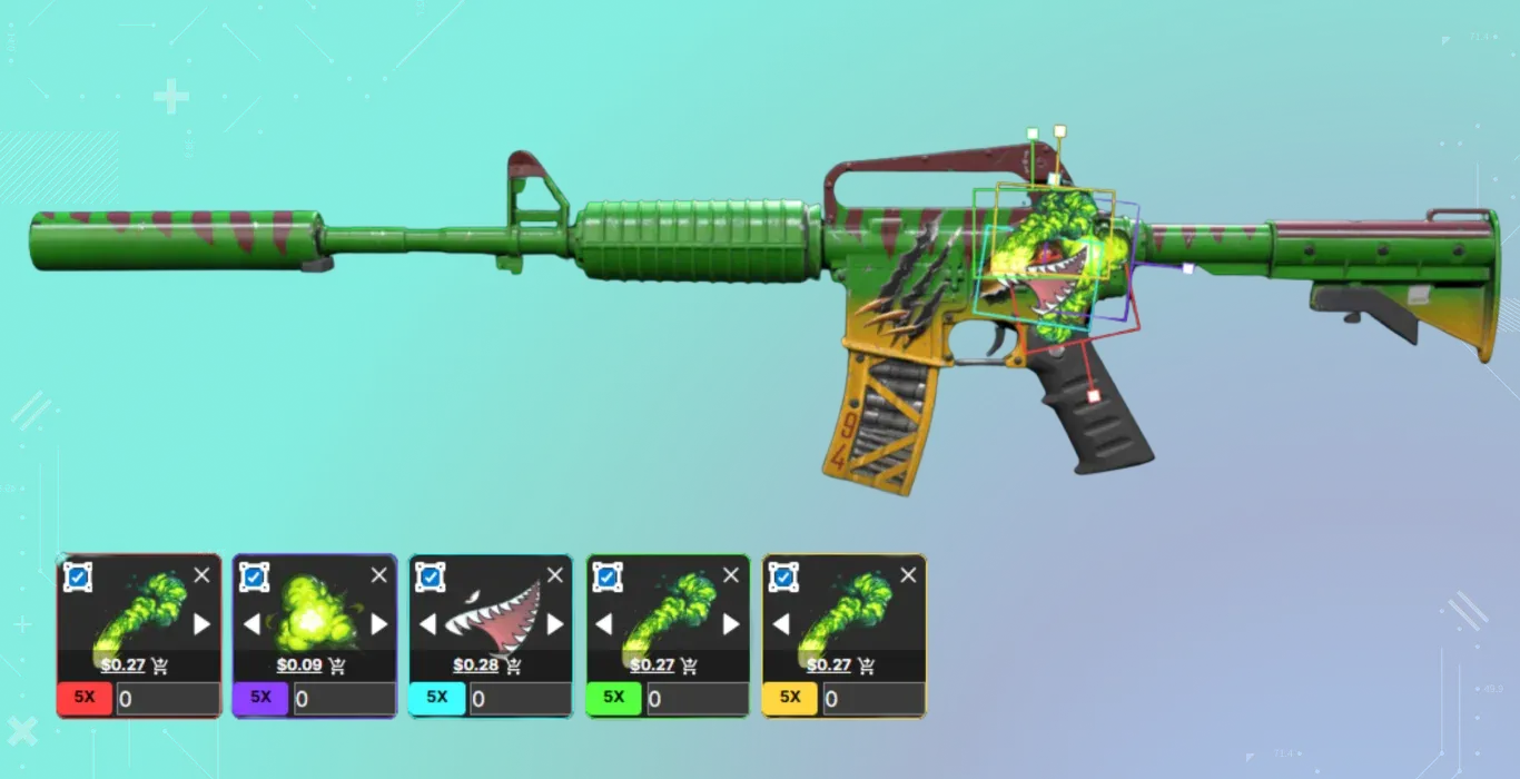 A green dinosaur rifle with a 3D effect. Layered Boom Trail and Boom Blast stickers are used to build up the head and jaw, making the dinosaur on the skin look more realistic and "savage."