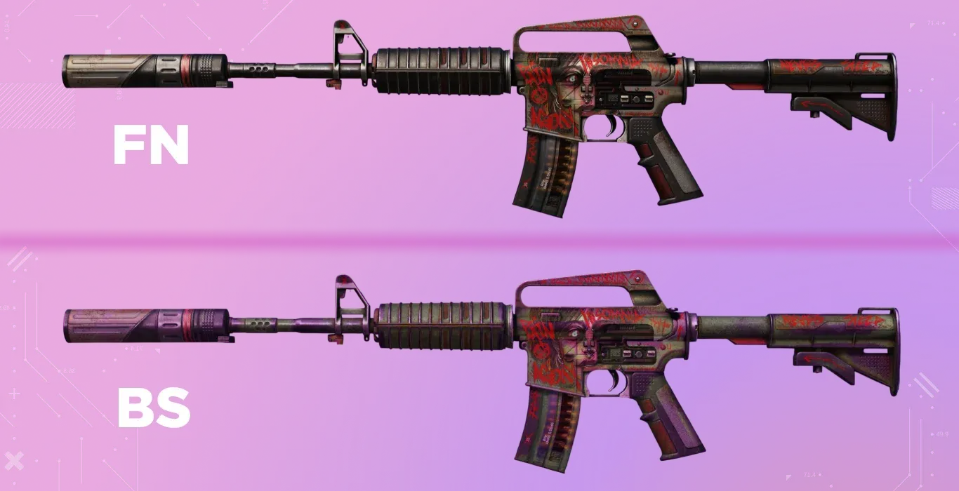 Comparison of the M4A1-S | Night Terror atmosphere; the grey FN skin gains a distinct purple and magenta tint in BS, enhancing the horror aesthetic.