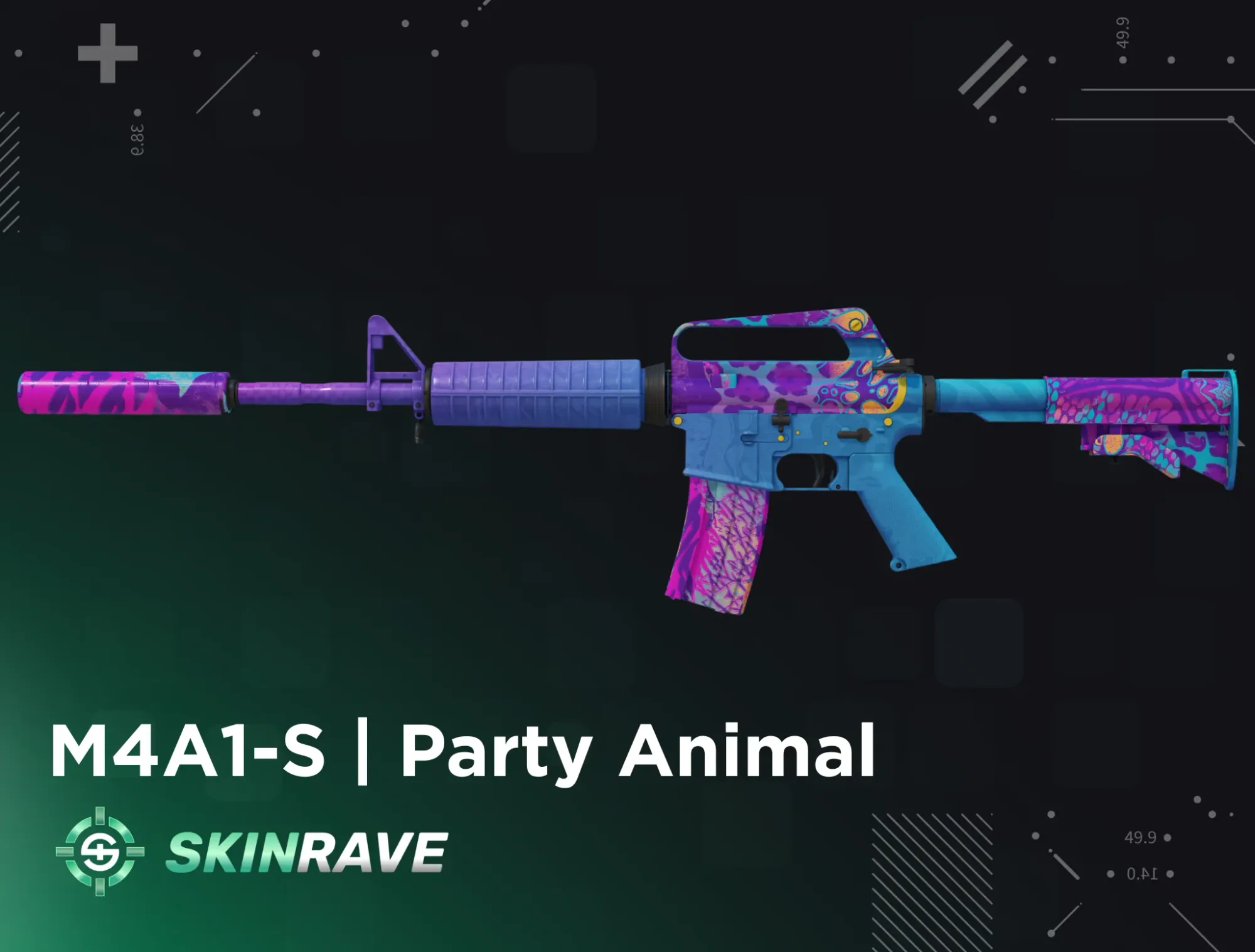 M4A1-S | Party Animal CS2 skin featuring a vibrant psychedelic design with swirling patterns in electric blue, purple, and hot pink across the rifle's body and suppressor