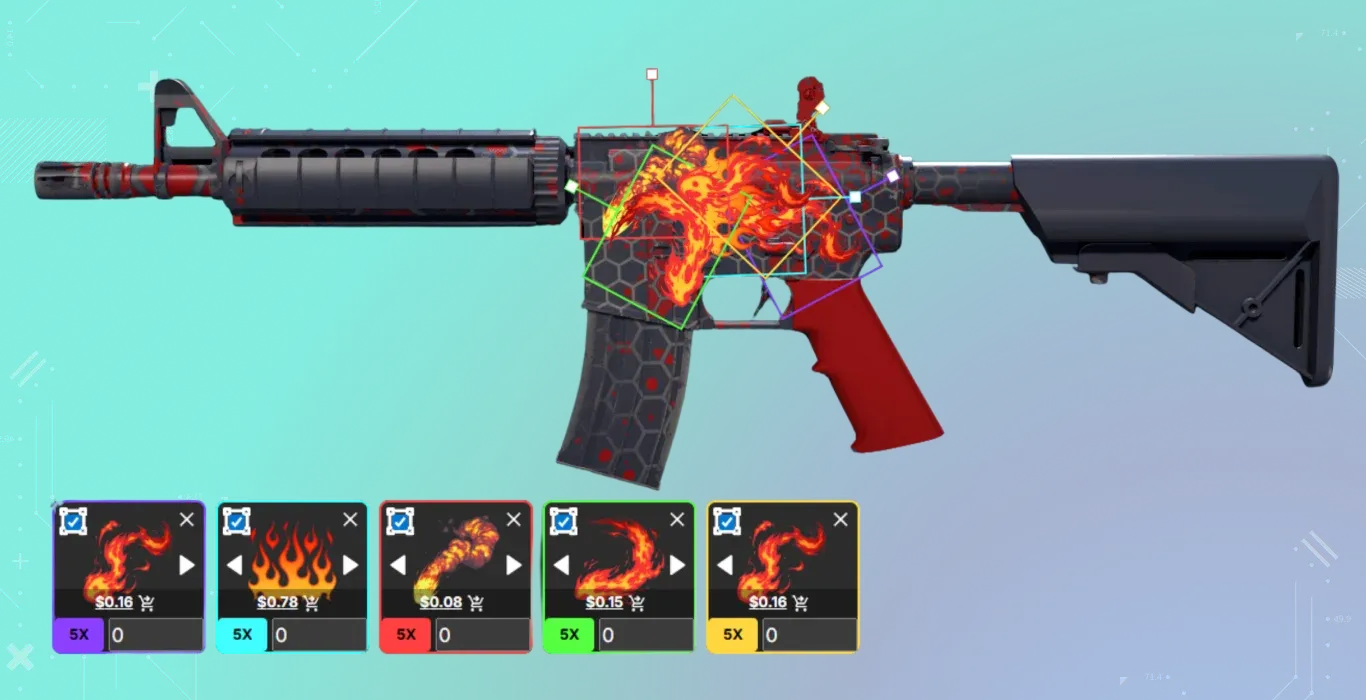 A black and red hexagonal-patterned rifle featuring various flame stickers arranged to form the silhouette of a roaring wolf.