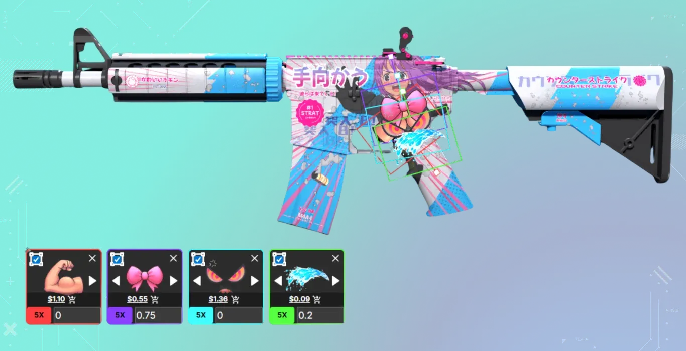 A blue and white anime rifle with a "bikini" craft. Flex and Hypnoteyes stickers are layered over the character, while Ribbon Tie and Hydro Stream stickers add further aesthetic accents.