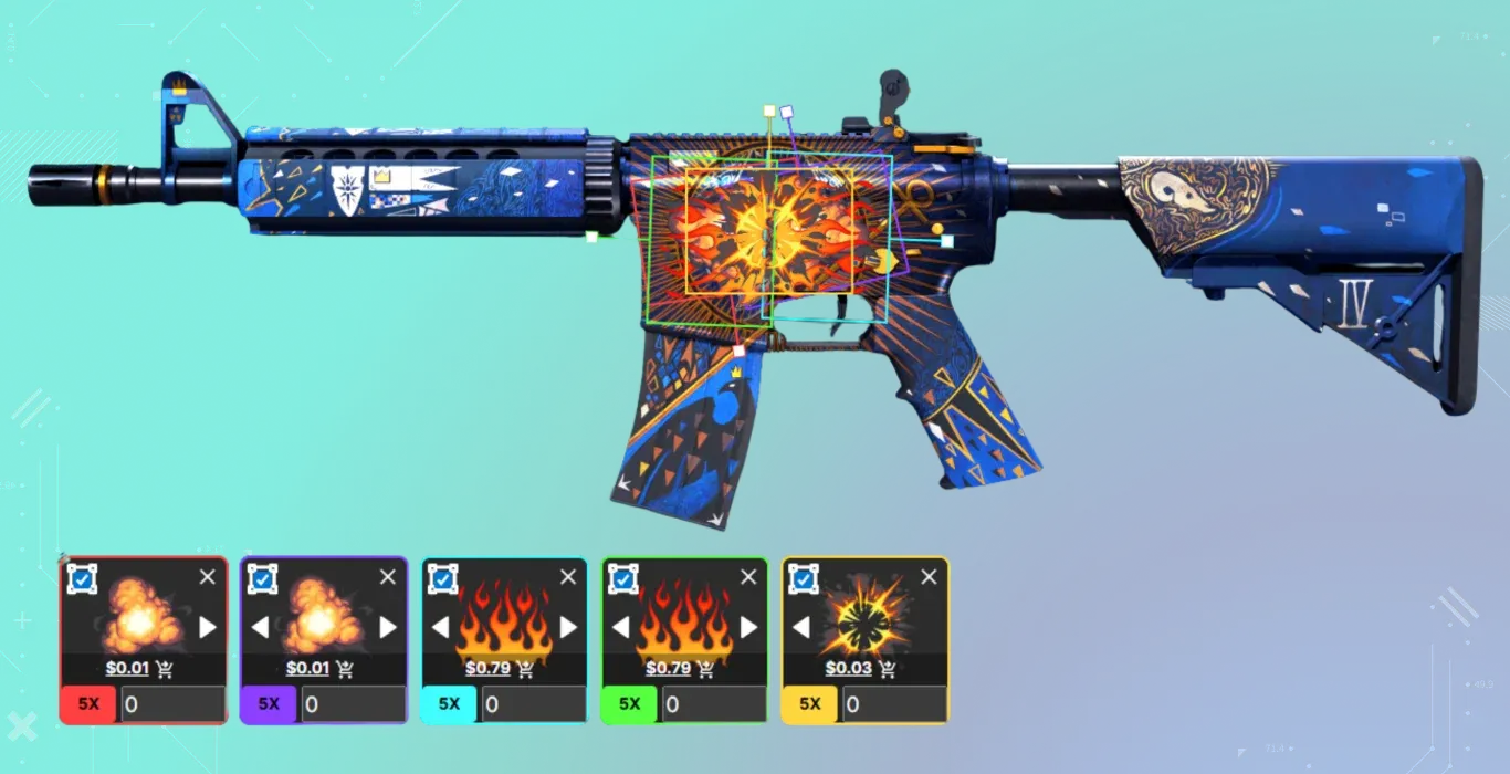 A regal blue rifle featuring a Lord of the Rings-inspired craft. High Heat and Boom stickers are layered on the character's chest to form a glowing, fiery eye with a dark pupil.