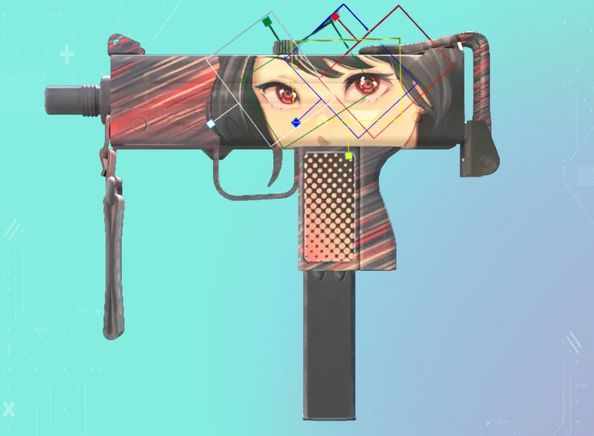 A red and black SMG. Five Sent With Love stickers have been scraped until only small black dots remain, which are then positioned over the anime eyes to create the Naruto Sharingan "tomoe" pattern.