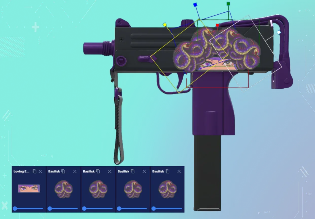 A purple SMG featuring a Greek mythology theme. A Loving Eyes sticker serves as the face, while several Basilisk (snake) stickers are arranged around it to represent Medusa’s hair.