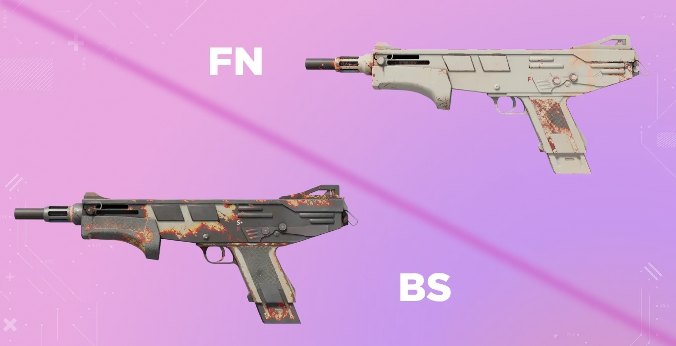 Comparison of the MAG-7 | Firestarter contrast; the cream FN body darkens to charcoal grey in BS, making the red scuffs look like glowing embers.
