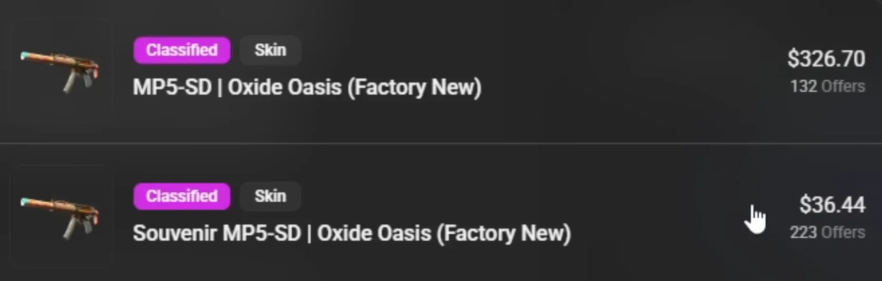 The price comparison between the normal and Souvenir MP5-SD | Oxide Oasis.