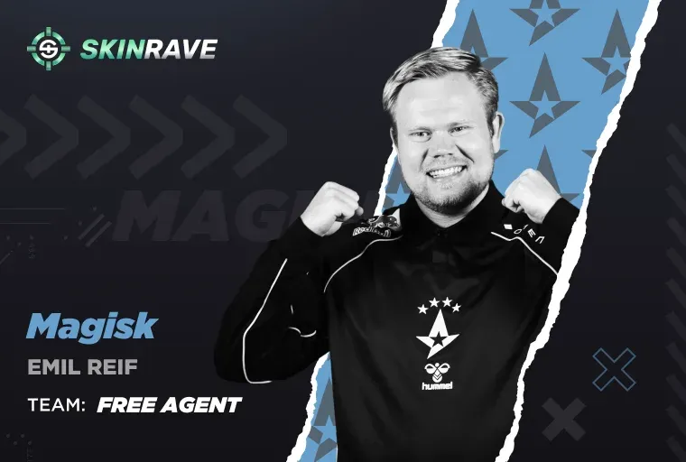 A black and white portrait of Emil Reif ("Magisk"), an Astralis era legend shown celebrating with clenched fists. The text lists him as a "Free Agent" with over $2 million in earnings.