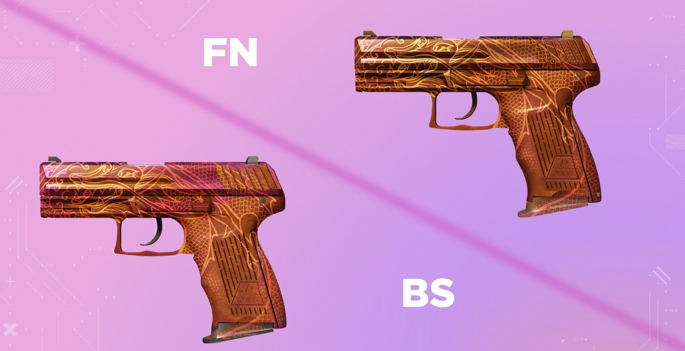 Comparison of the P2000 | Imperial Dragon color shift; the bright orange FN palette transitions into a softer, rose-gold pink in BS condition.