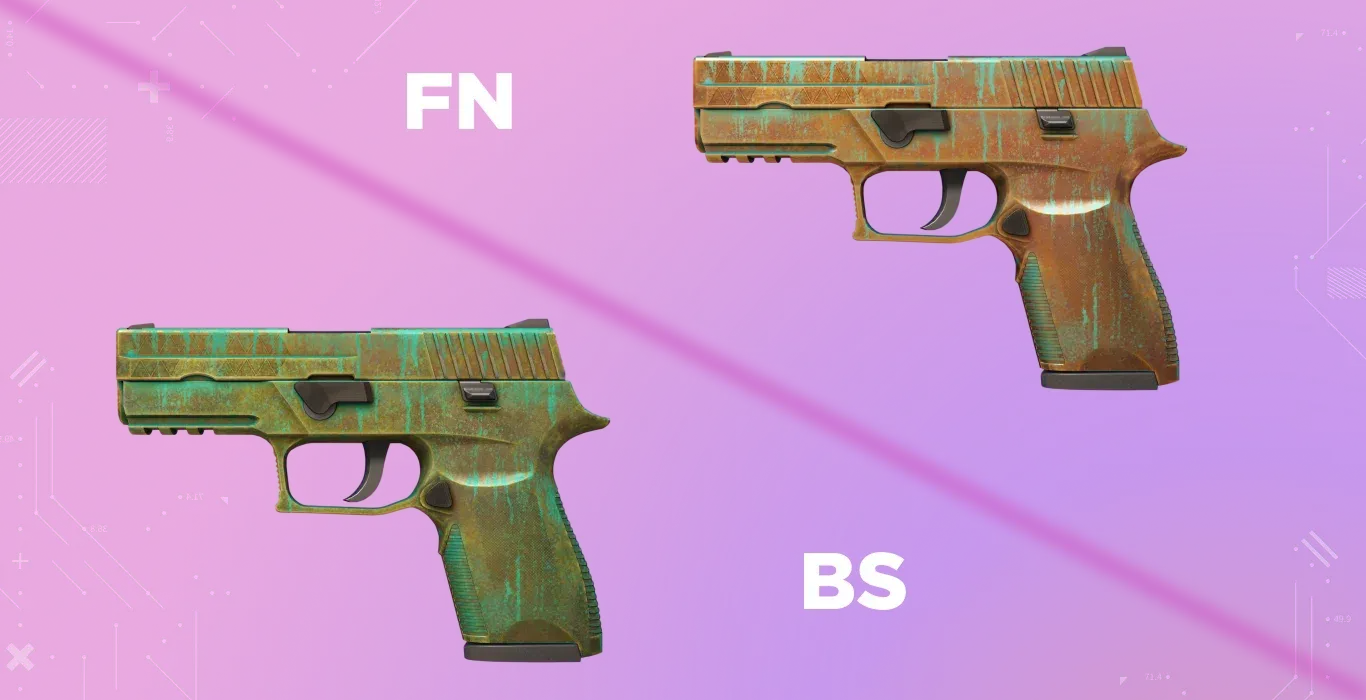 Comparison of the P250 | Verdigris showing the oxidation effect; the orange copper FN version turns into a deep emerald green in BS condition.