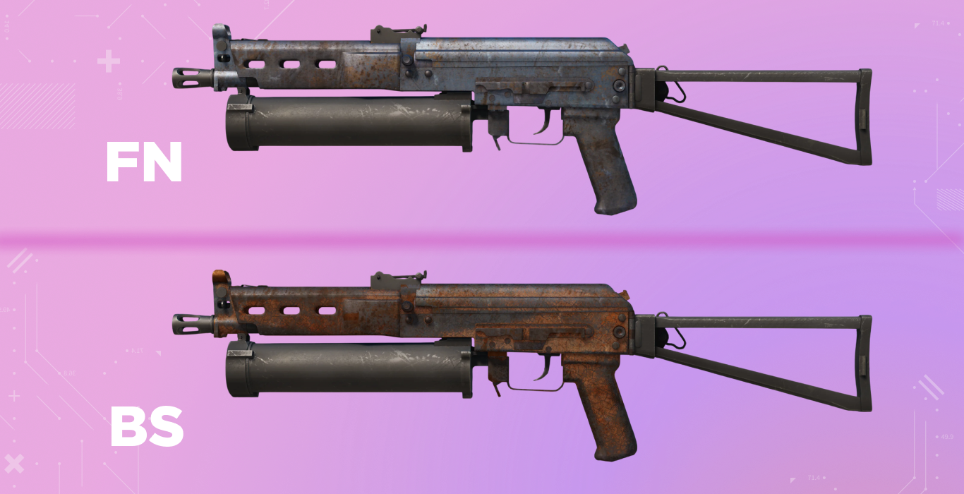 Comparison of the PP-Bizon | Rust Coat wear; the weathered grey FN version becomes completely consumed by thick, dark orange rust in BS condition.