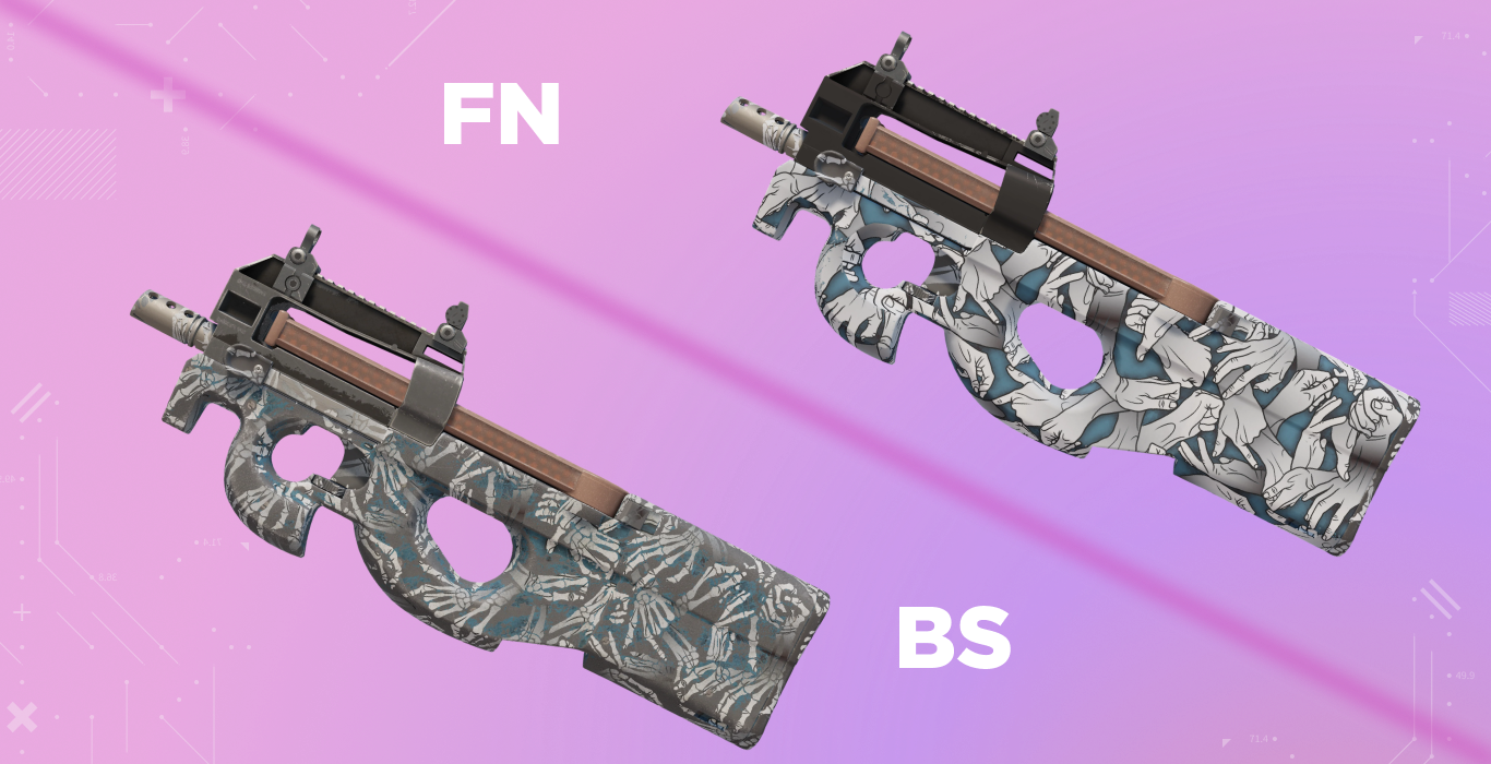 Comparison of the P90 | Death Grip secret layer; the fleshy hands of the FN version disappear to reveal white skeletal hands in the BS condition.