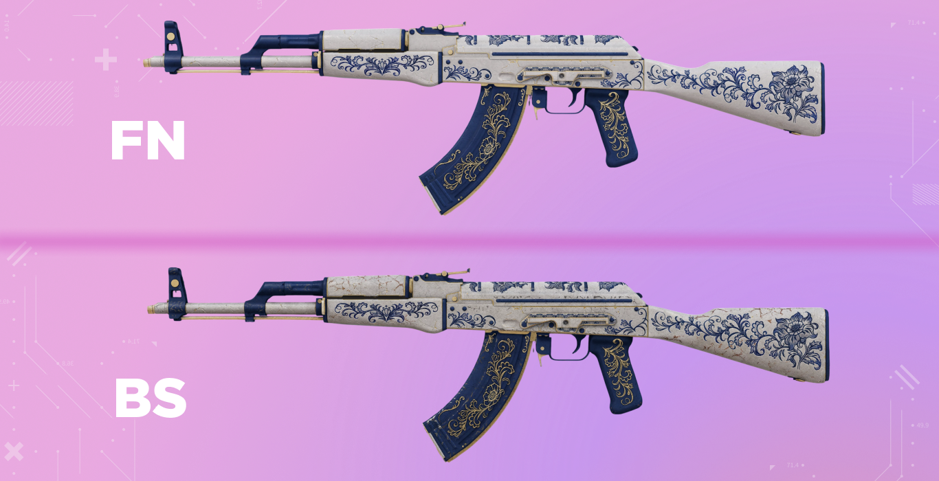 Comparison of the AK-47 | Inheritance aging; the pristine white FN finish develops realistic antique cracks and yellowing in the BS condition.