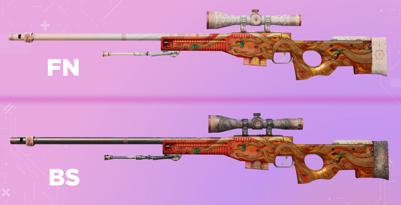 Comparison of the AWP | Desert Hydra definition; the bright white FN scope and barrel fade to a muted, dark grey in BS, making the hydra artwork pop.