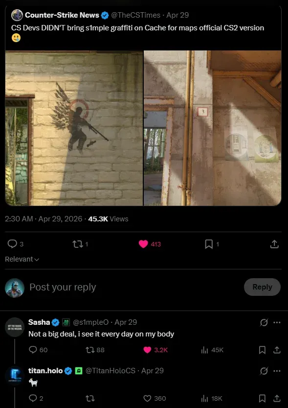 s1mple respon on X to Valve removing his grafitti from Cache