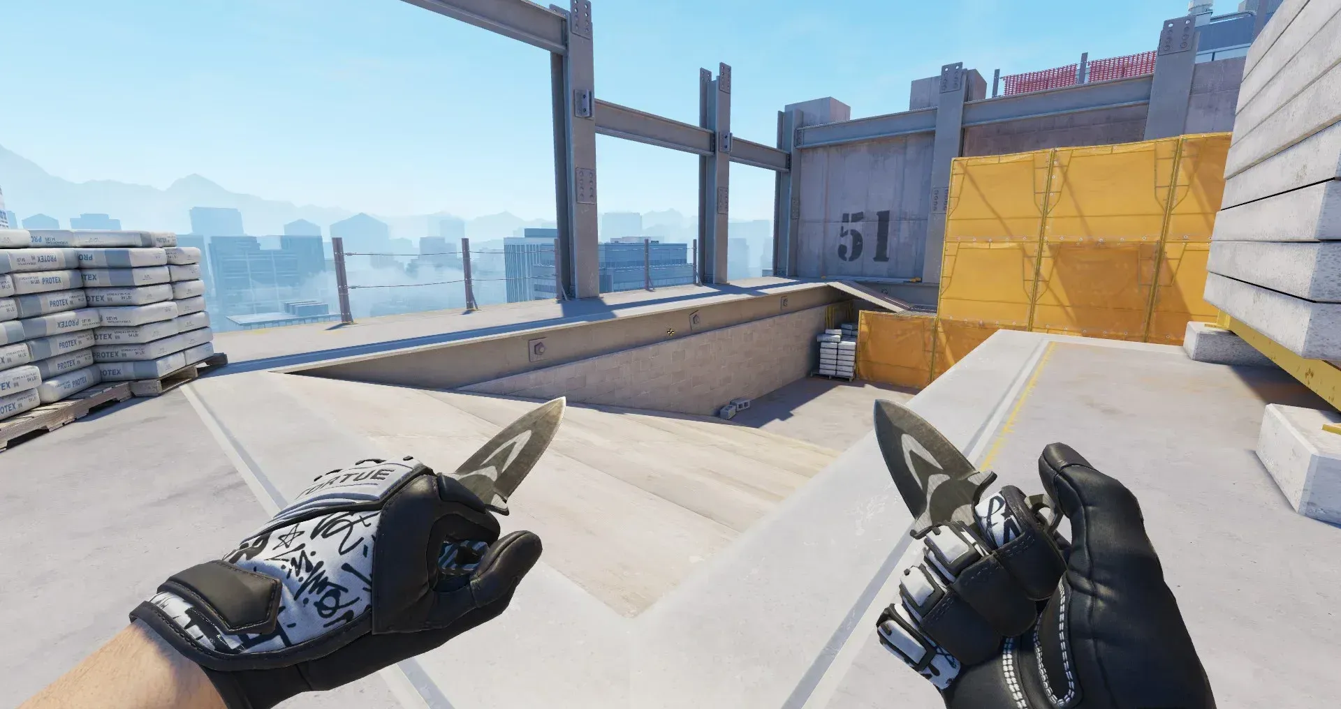 CS2 loadout showcasing the Shadow Daggers Black Laminate with dark matte blades alongside Specialist Gloves Blackbook featuring a black-and-white graffiti pattern