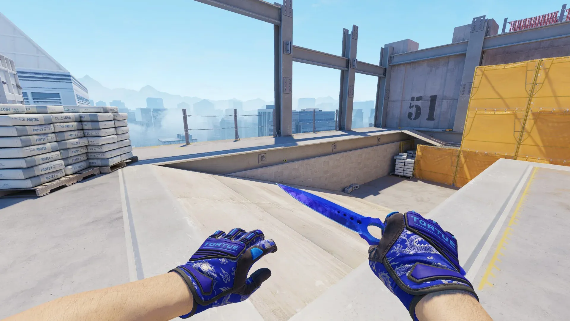 CS2 loadout showcasing the Skeleton Knife Doppler Sapphire with a vivid electric blue blade alongside Specialist Gloves Cloud Chaser featuring a royal blue design with white dragon patterns