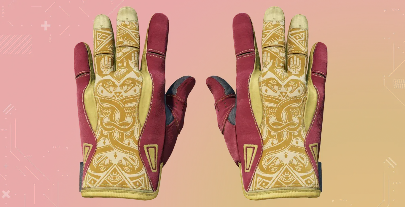 burgundy-gold Sport Gloves | Occult from CS2 on a red-orange background