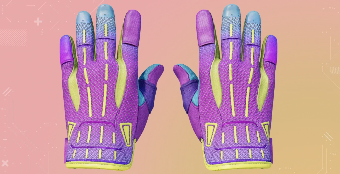 purple-blue-yellow colored Sport Gloves | Ultra Violent from CS2 on a red-orange background