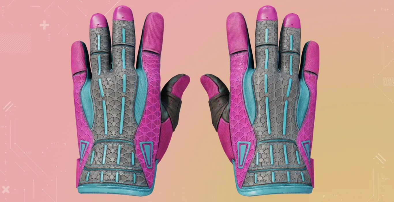 pink-blue Sport Gloves | Vice from CS2 on a red-orange background