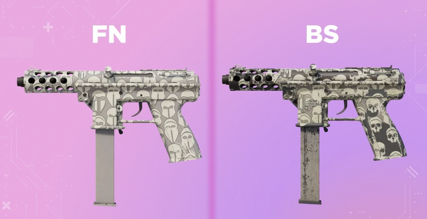 Comparison of the Tec-9 | Hades "Easter egg"; the Spartan helmets seen in FN wear away to reveal hidden skulls in the BS condition.