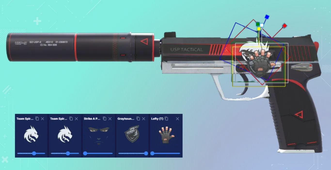 A black and red pistol transformed into the Naruto character Kakashi. It uses rotated Team Spirit logos for hair, a Strike A Pose sticker for the eye, a Grayhound logo for the mask, and a Lefty (T) sticker for his iconic hand pose.
