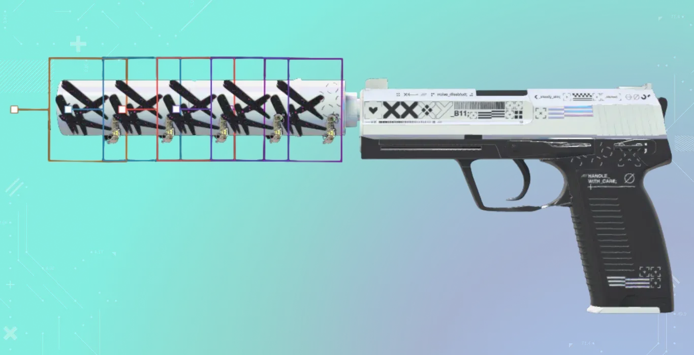 A pearlescent white pistol with a futuristic aesthetic, enhanced by five Fluxo (Glitter) stickers on the silencer that match the skin's tactical black-and-white theme.