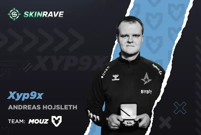 A black and white portrait of Andreas Højsleth ("Xyp9x"), known as the "Clutch Minister." He is holding an MVP medal and is identified as the assistant coach for MOUZ.