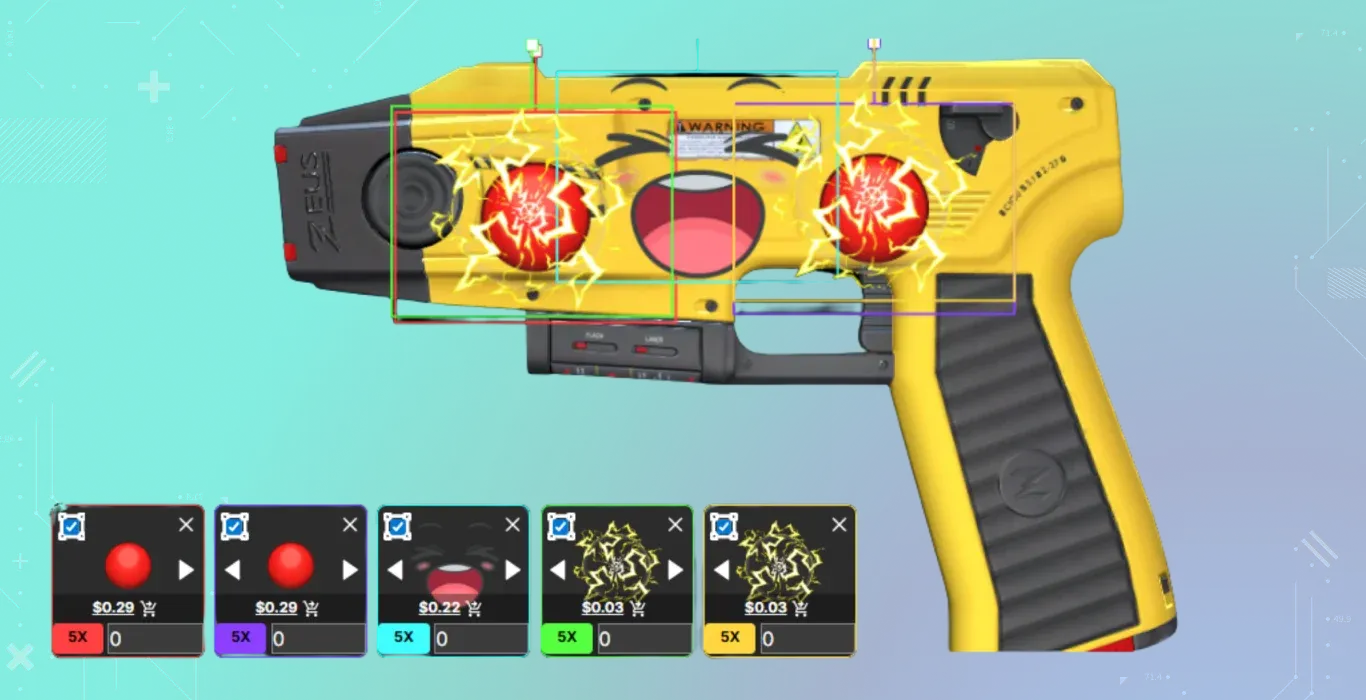 A yellow taser cleverly modified to look like Pikachu. It features Clown Nose stickers for red cheeks, a Blinky sticker for the mouth, and Bolt Energy stickers for electrified eyes.