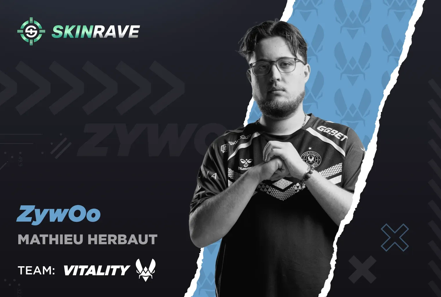 A black and white portrait of Mathieu Herbaut ("ZywOo"), the world's top-rated player. He is wearing a Team Vitality jersey with glasses, positioned as the youngest player in the top five earners.