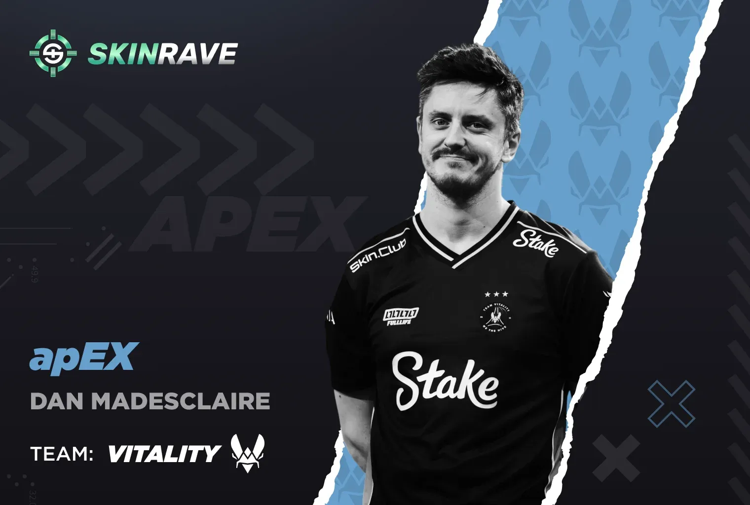A black and white portrait of Dan Madesclaire ("apEX"), the highest-earning CS2 player. He is wearing a Team Vitality jersey with Stake and Skin.Club sponsors. The graphic displays his total earnings of over $2.6 million.