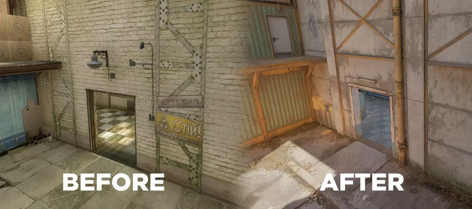B-Site Checkers door light on Cache Before in CS:GO and After in CS2