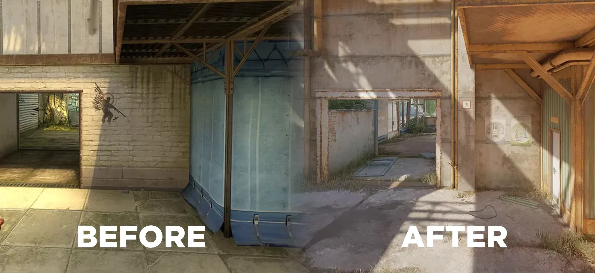 s1mple grafitti on B-Site in Cache Before in CS:GO and After in CS2