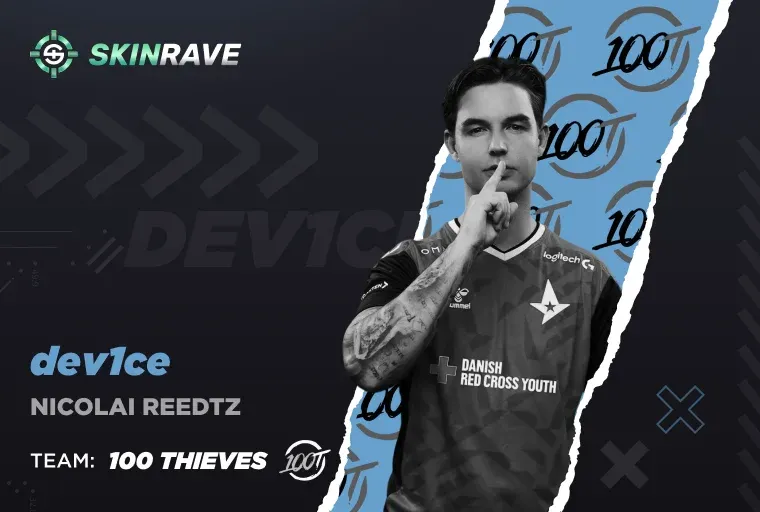 A black and white portrait of Nicolai Reedtz ("dev1ce"), the legendary AWP player now competing for 100 Thieves. He is shown making a "shush" gesture. The background features a blue strip with 100 Thieves branding.