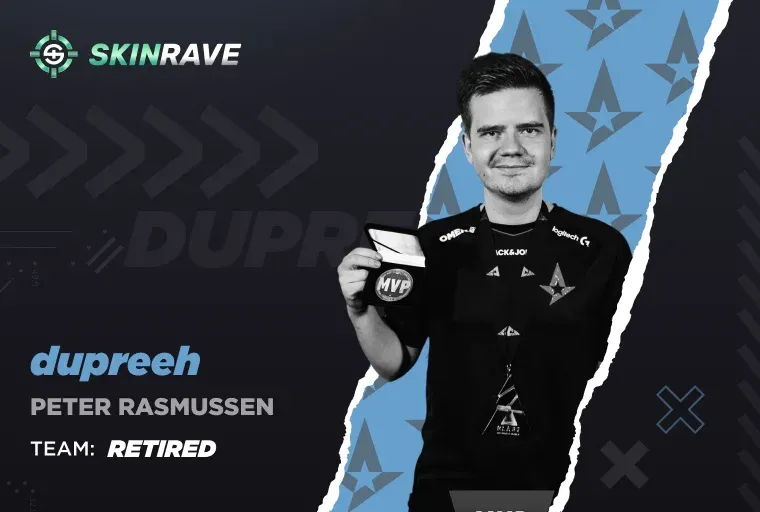 A black and white portrait of Peter Rasmussen ("dupreeh"), the only five-time Major winner. He is holding an MVP medal. The text indicates his status as "Retired" following his 2025 retirement.
