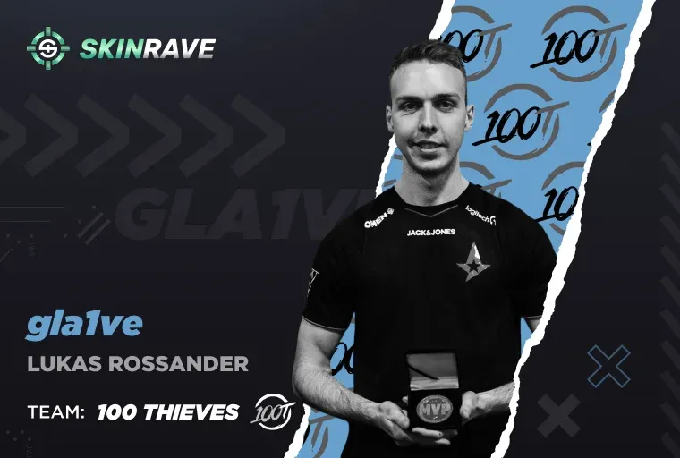 A black and white portrait of Lukas Rossander ("gla1ve"), the tactical genius and four-time Major winner. He is holding an MVP medal and is identified as the coach for 100 Thieves.